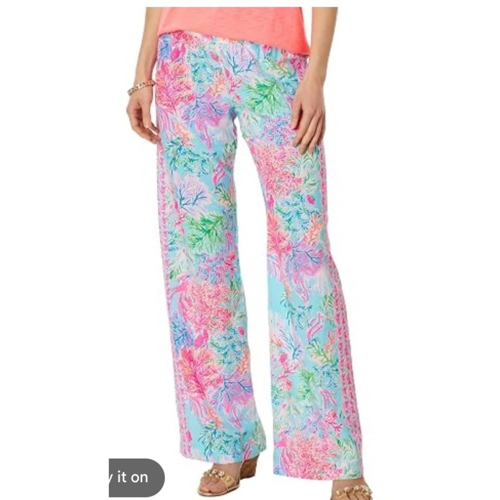 Lilly Pulitzer Bal Harbour Palazzo Pants Pink Floral Wide Leg Large